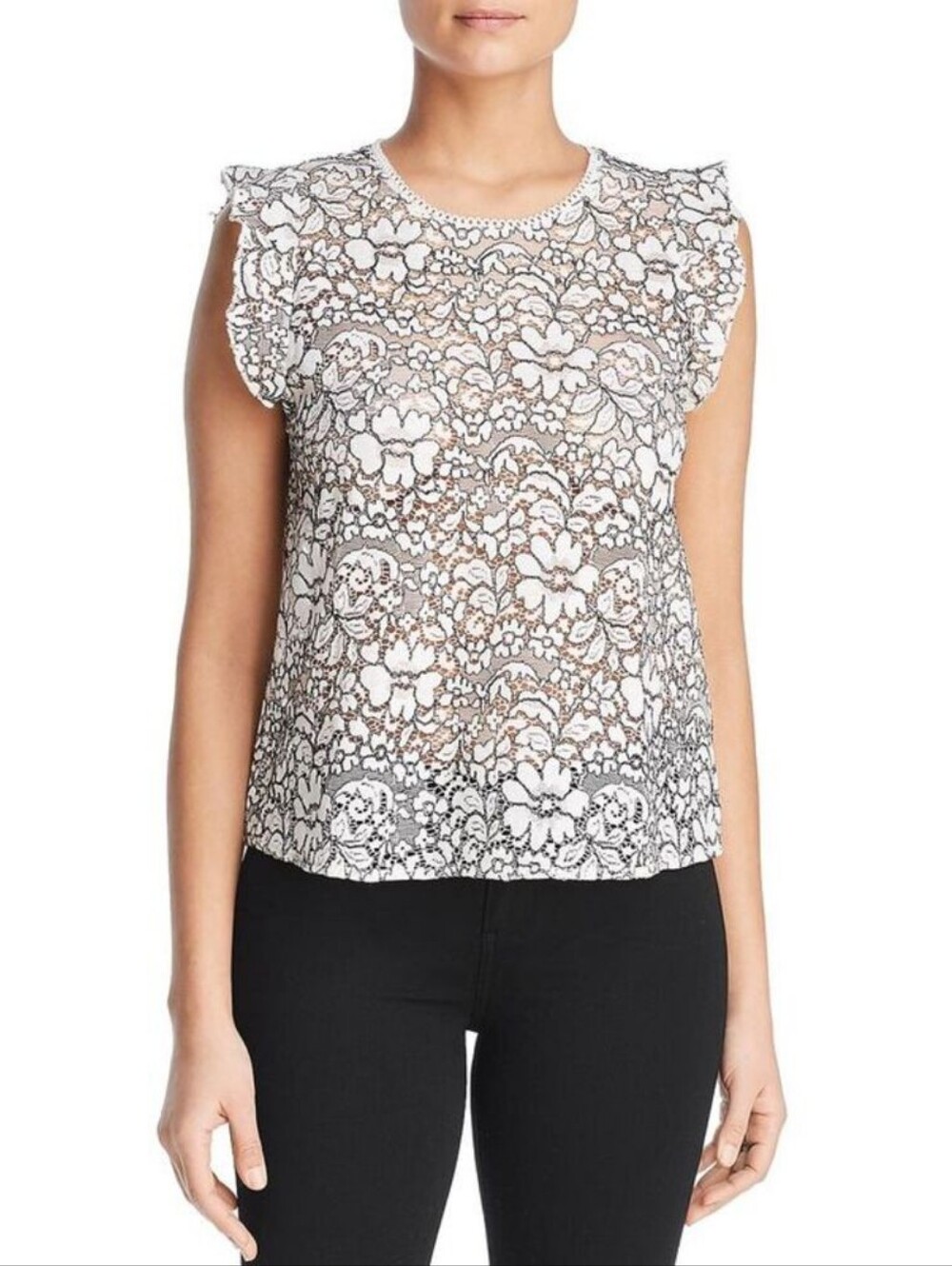 🦢 Three Dots Corded Lace Flounce-sleeve Top